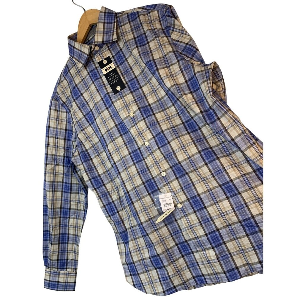 New Joseph Abboud Mens Non-Iron Stretch Plaid Shirt M Blue Cotton 10012